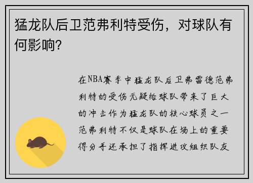 猛龙队后卫范弗利特受伤，对球队有何影响？