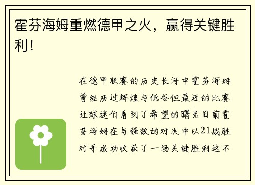 霍芬海姆重燃德甲之火，赢得关键胜利！